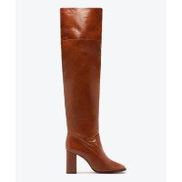 Bota Over the Knee Salto Alto Bloco Couro Marrom