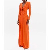 Vestido Drapeado Longo Com Decote V E Argola