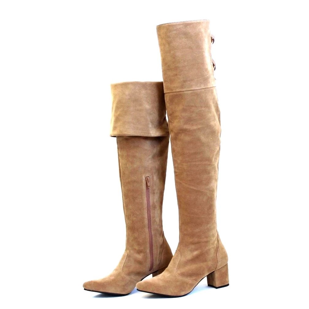 Bota Over The Kneer Feminina Cano Longo Na Coxa Em Couro Camurça Bege Luxuo