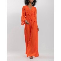 Vestido Longo Franzido Com Mangas Fluidas E Decote Em V