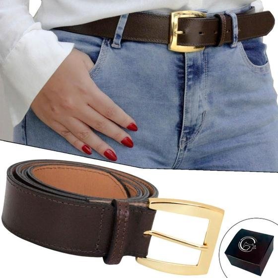 Cinto Feminino de Couro Marrom Sofisticado Fivela Banhada a Ouro - GRANADO