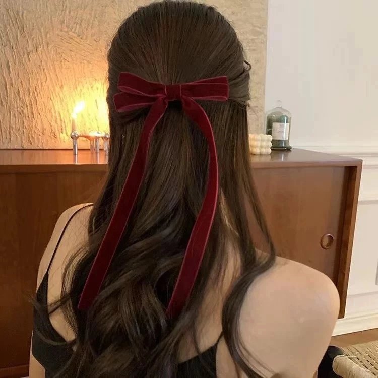 Grampo De Cabelo Com Fita De Laço De Veludo Vermelho , Clássico Preto Para