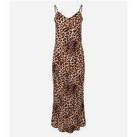 Vestido Evasê Midi em Crepe com Alça Fina e Estampa Onça Marrom