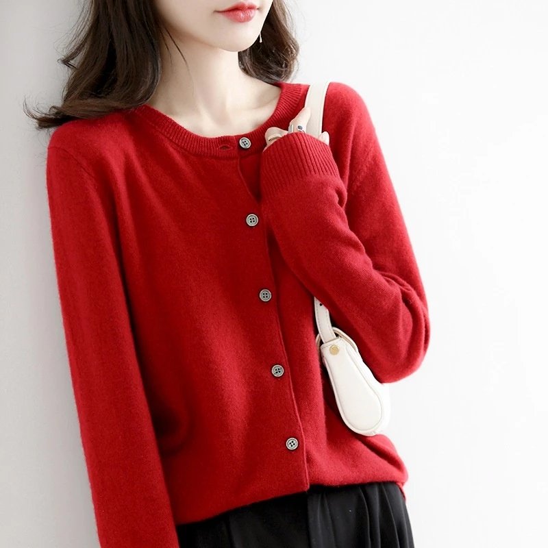 Cardigan Feminino De Tricô Com Gola Redonda De Manga Comprida De Botão