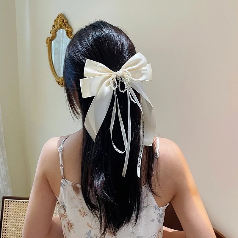 Grampo De Cabelo Com Laço De Cetim Preto Fita De Pérola Para Mulheres Acess