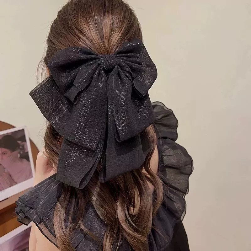 Grampo De Cabelo Elegante Com Laço Preto – Suporte De Rabo De Cavalo Alto E