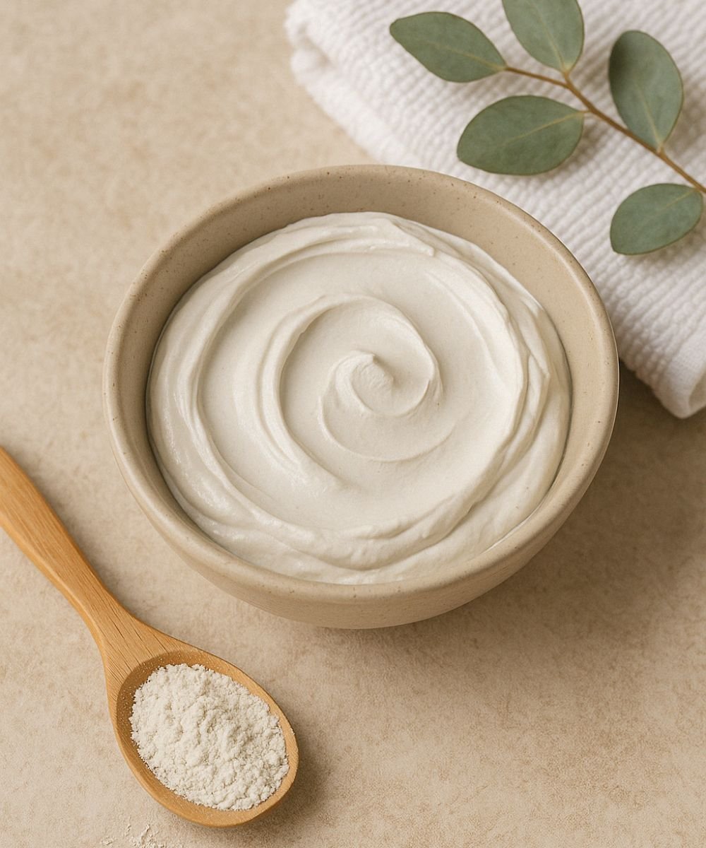 Tigela com creme de argila branca ao lado de colher de madeira e toalha branca.