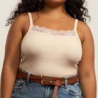 Regata em Ribana com Rendinha no Decote Curve & Plus Size Bege