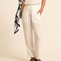 Calça Fluída em Viscolinho com Cós Elástico e Amarração Branco Neve