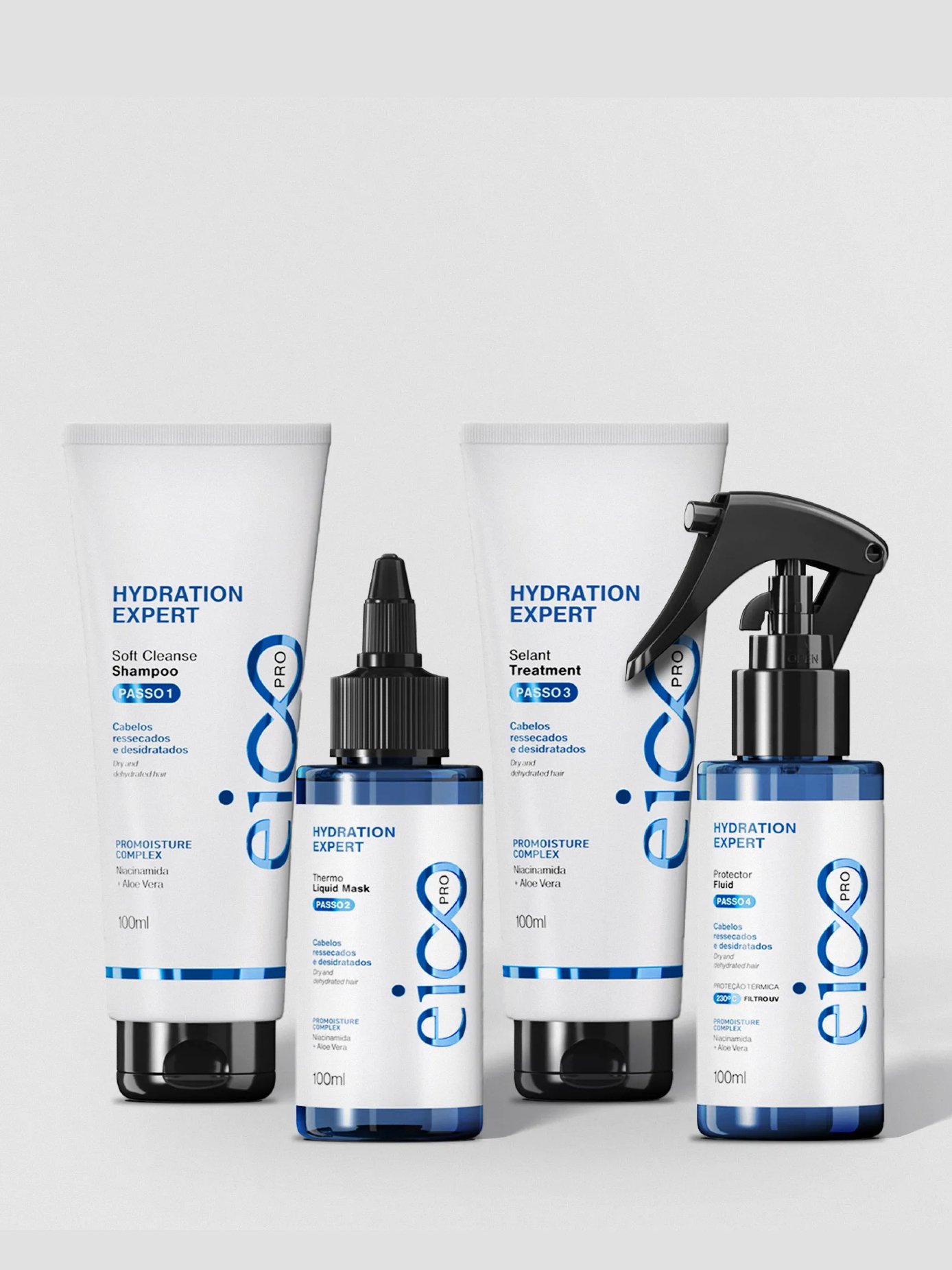 Produtos para cabelo da linha Eico Hydration Expert exibidos. Inclui xampu, máscara líquida, selante e fluido protetor. Lançamentos de beleza de abril.