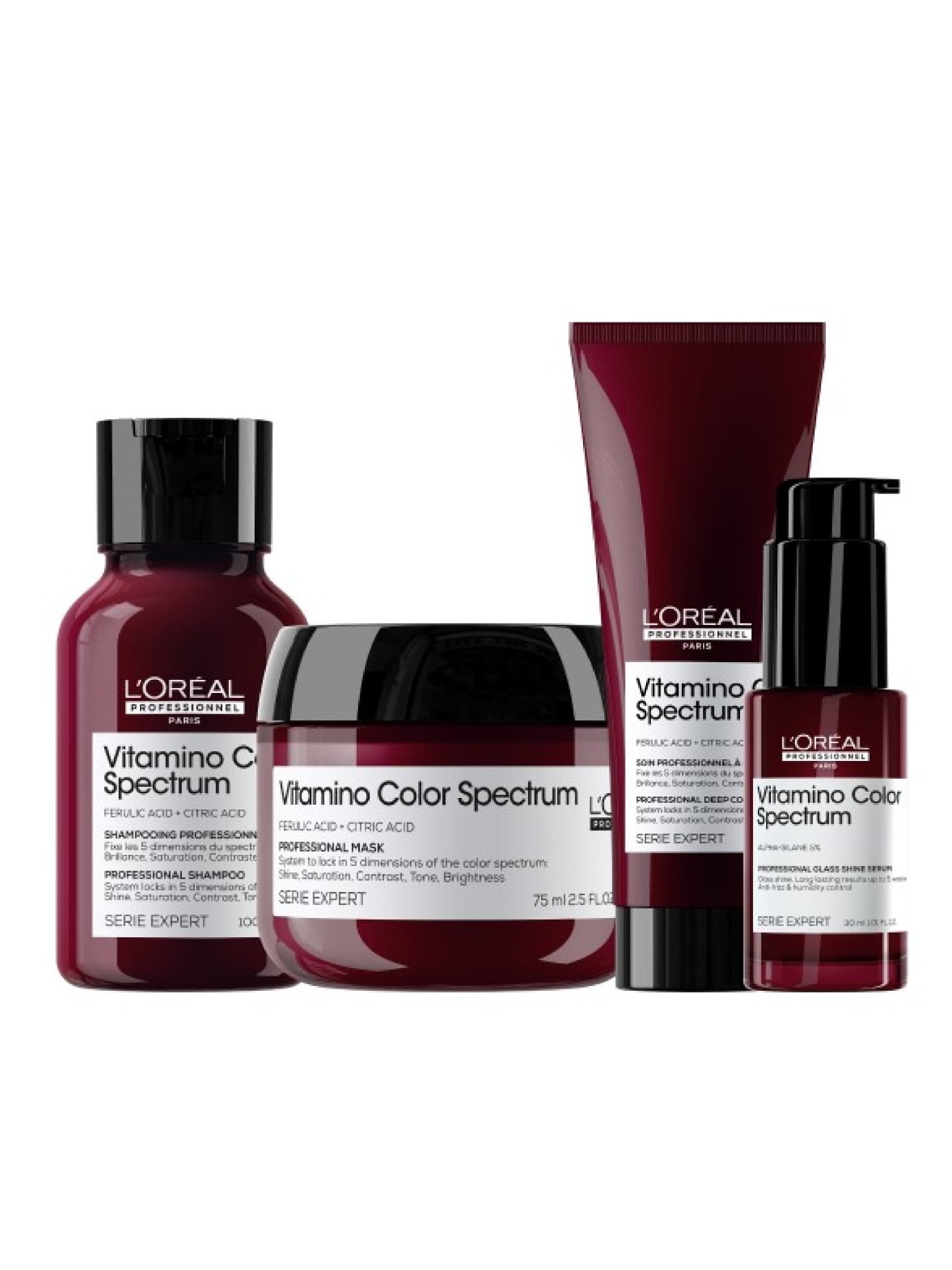 Produtos da linha Vitamino Color Spectrum da L'Oréal, incluindo shampoo, máscara e sérum. Destaque nos lançamentos de beleza de abril.