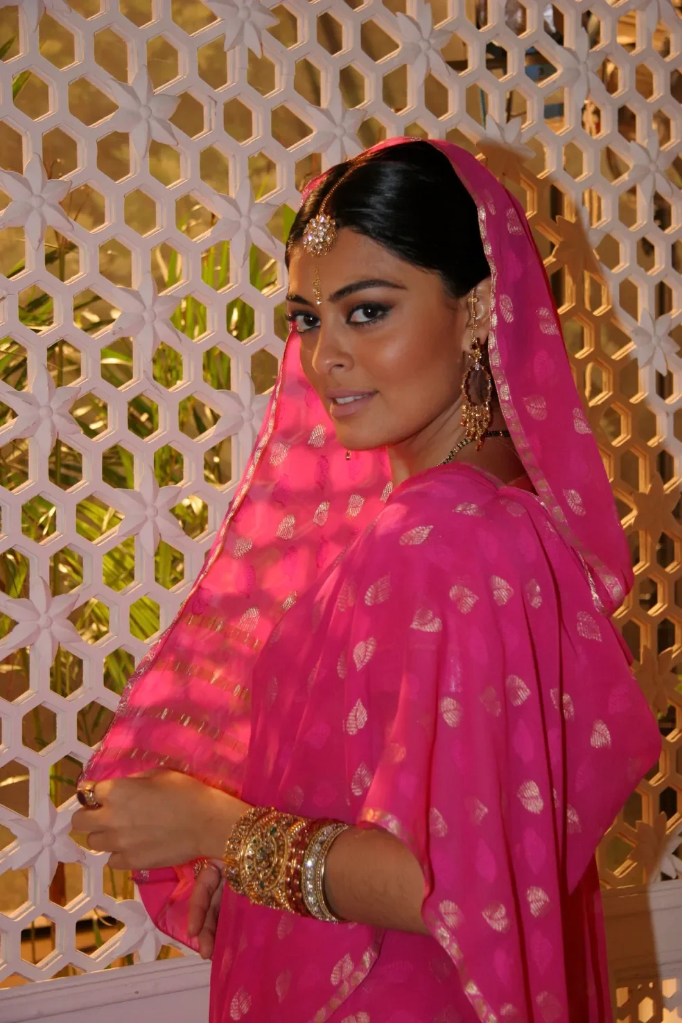 Pessoa sorrindo, vestida com traje rosa decorado, acessórios dourados, cenário detalhado ao fundo. Estilo lembra personagens de novelas.