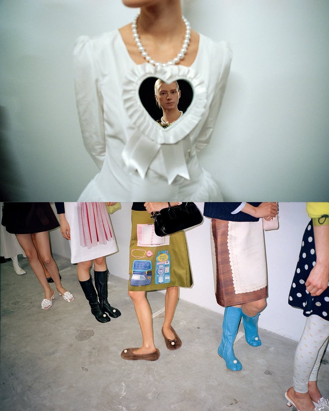 Vestidos e saias criativos refletem influências da moda Y2K com designs nostálgicos e acessórios diversos.