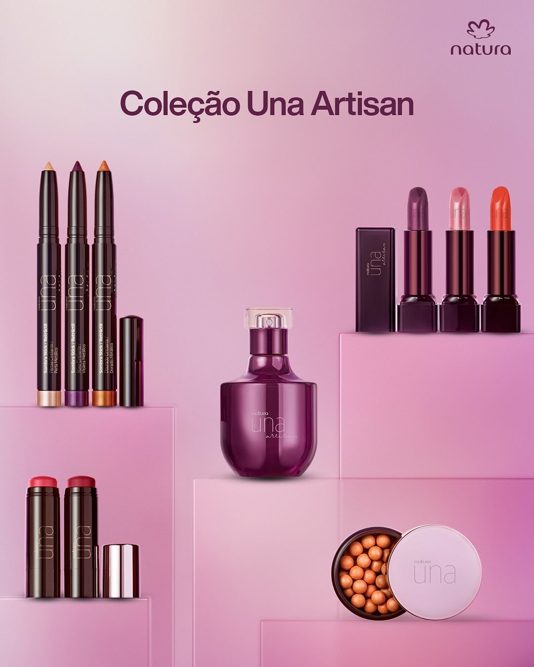 Produtos da nova coleção Una Artisan da Natura, incluindo batons, lápis e perfume. Parte dos lançamentos de beleza de abril.