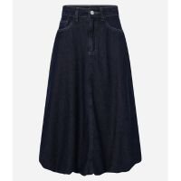 Saia Balonê Midi em Jeans com Bolsos Azul Escuro