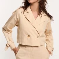 Jaqueta Cropped em Sarja Trench Coat Bege