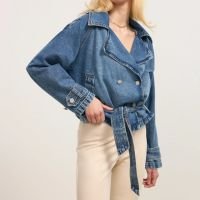 Jaqueta Trench Coat em Jeans com Botões e Amarração Azul