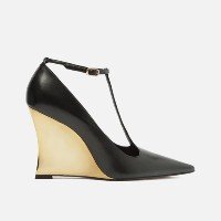 Scarpin Preto Couro Salto Anabela Dourado Tira