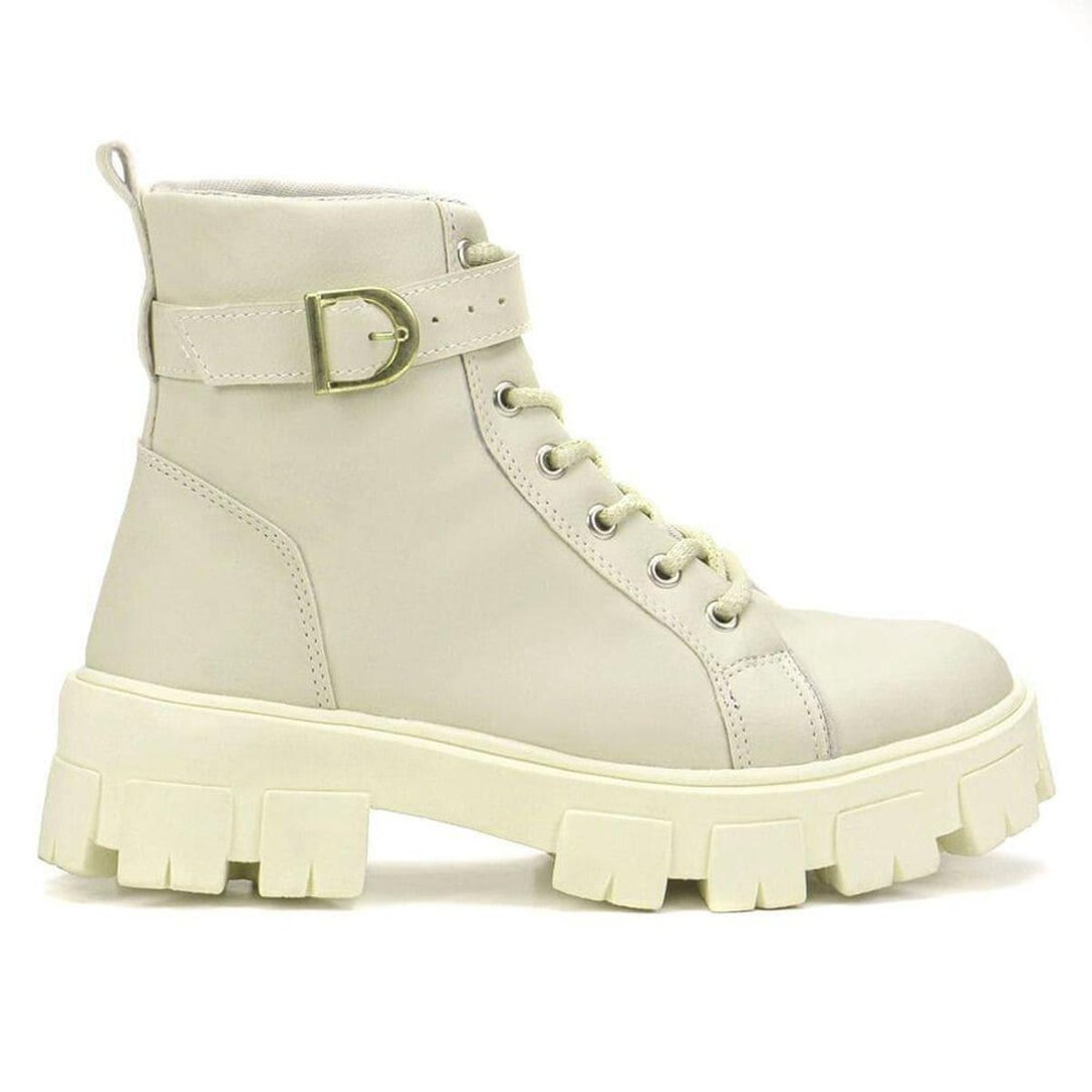Bota Coturno Tratorado Feminino com Fivela de Amarração - Marfim
