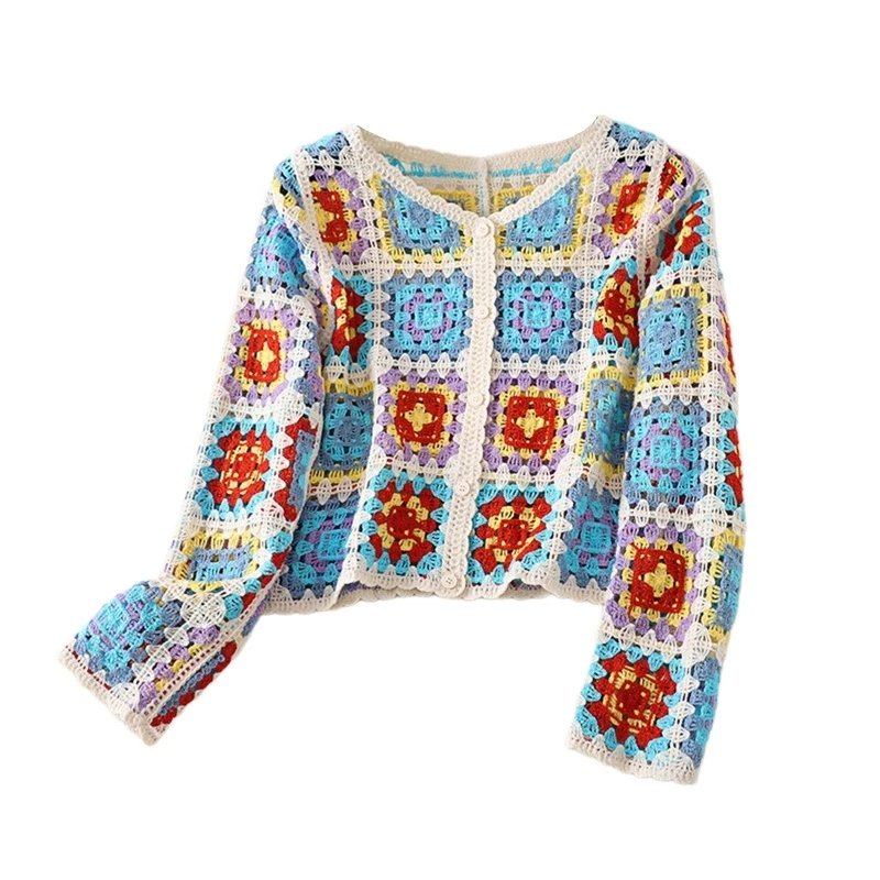 Botão Casual Feminino Vermelho Para Baixo Crochê Cortado Cardigan Longa Mal