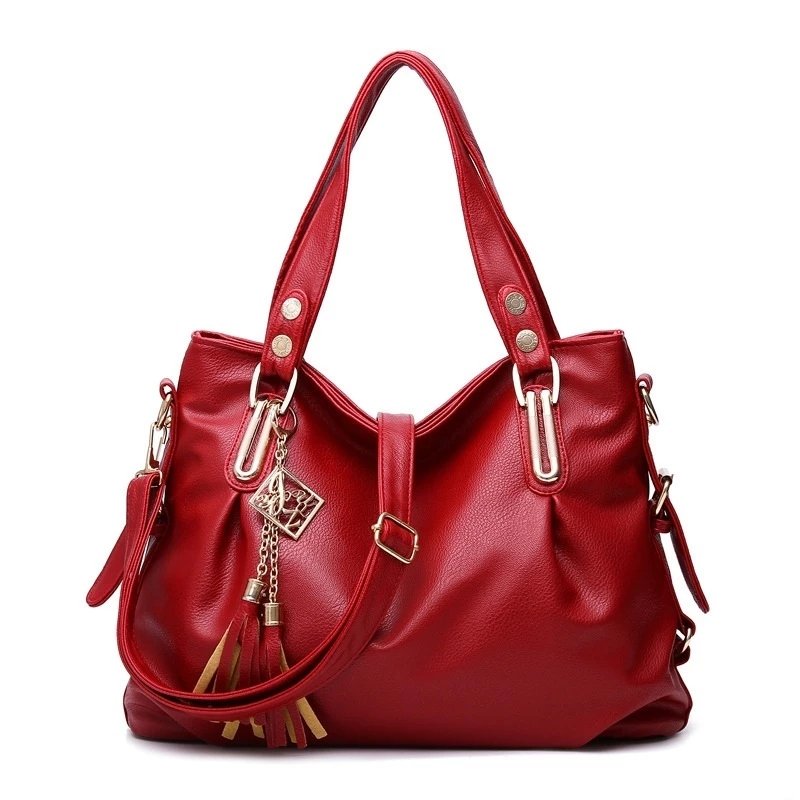 Saco De Couro Macio Para Ombro Feminino Cor Sólida Tassel Decor De Grande C