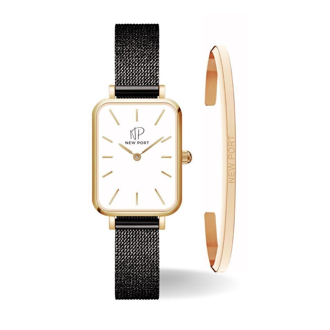 Relógio Feminino Quadrado Dourado + Bracelete Ajustável - Dourado