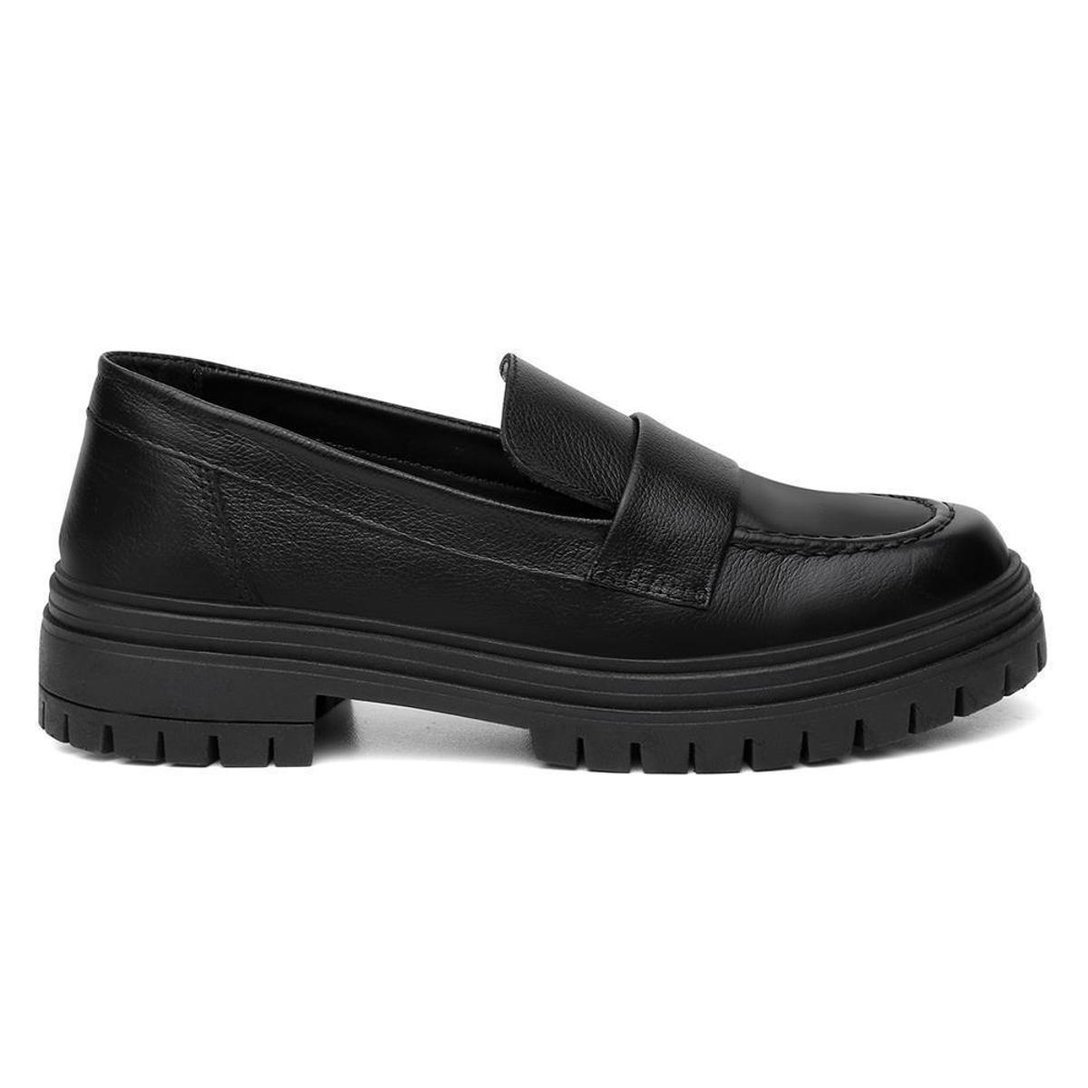 Mocassim Feminino Couro Calce Fácil Solado Tratorado Casual - Preto