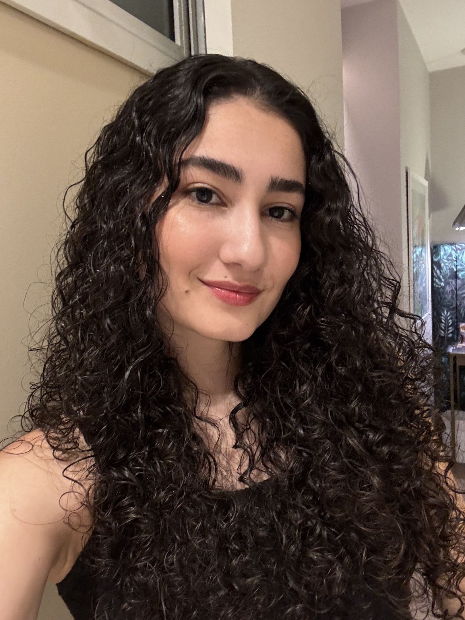 Cabelos cacheados bem cuidados, destacando tratamento leave-in antifrizz, com destaque para definição e brilho.