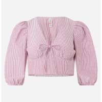 Blusa Cropped em Tricoline Listrado com Manga 3/4 e Fio Tinto Rosa
