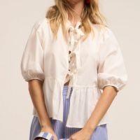 Blusa Peplum em Tricoline Manga Curta Bufante com Laços Branco