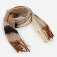 Cachecol em Fleece Pesado com Estampa Bloco de Cores e Franjas Marrom