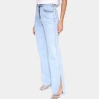 Calça Jeans Biotipo Wide Leg Fenda Feminina - Azul Claro
