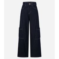 Calça Wide em Jeans com Recorte Transpassado e Bolso Cargo Azul Escuro