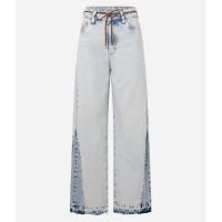 Calça Wide Leg Jeans com Recorte Contrastante na Lateral da Barra Azul Clar