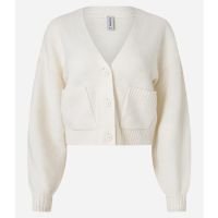 Cardigan Curto em Tricô com Botões e Bolsinhos Bege Creme