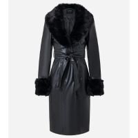 Casaco Trench Coat em PU com Gola e Punhos de Pelos Preto