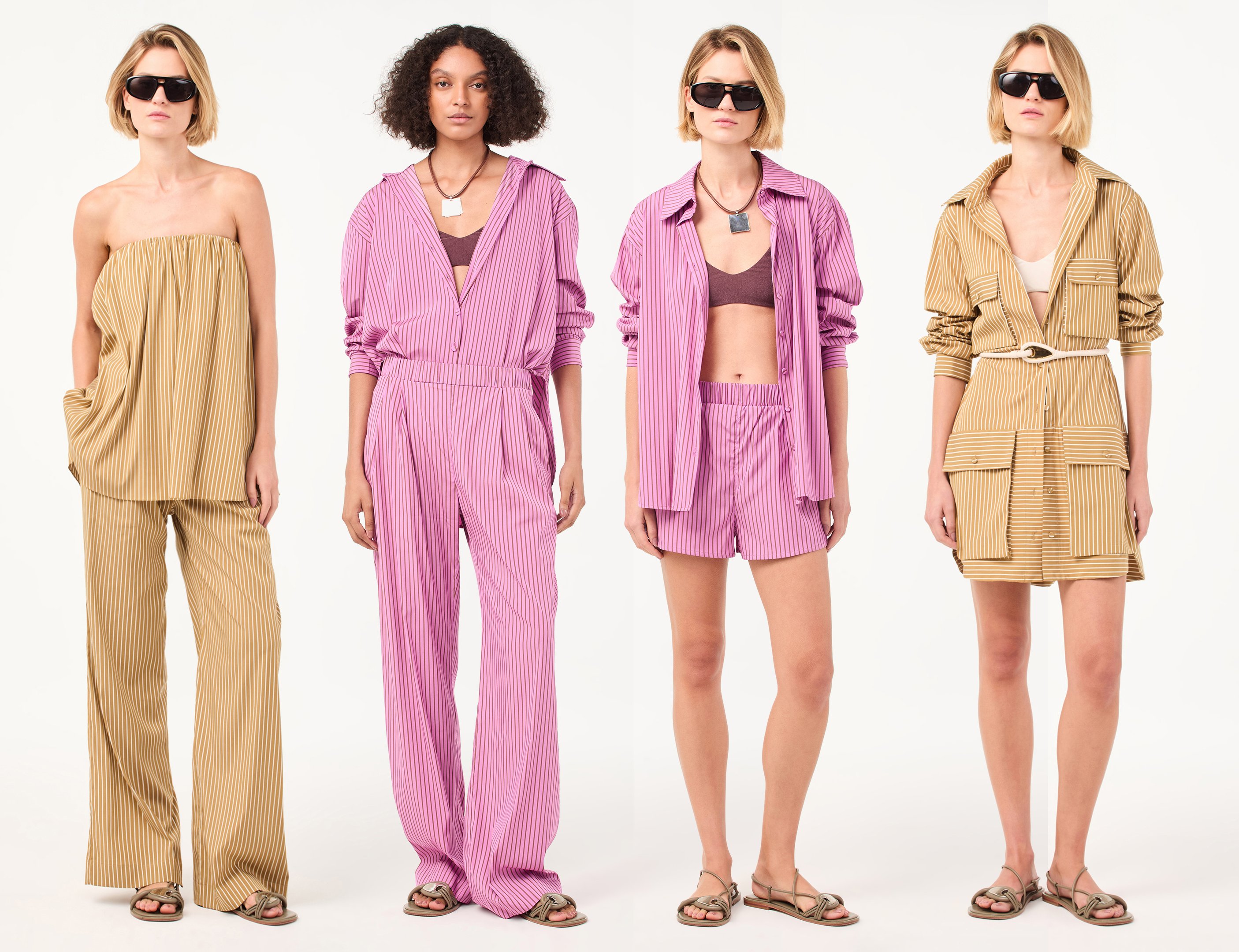 Modelos com roupas listradas em diferentes estilos e cores, predominando tons de rosa e bege. CRIS BARROS