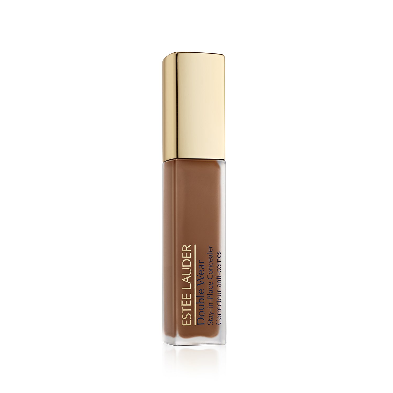 Corretivo Estée Lauder em tubo com tampa dourada, rótulo Double Wear, tom marrom.