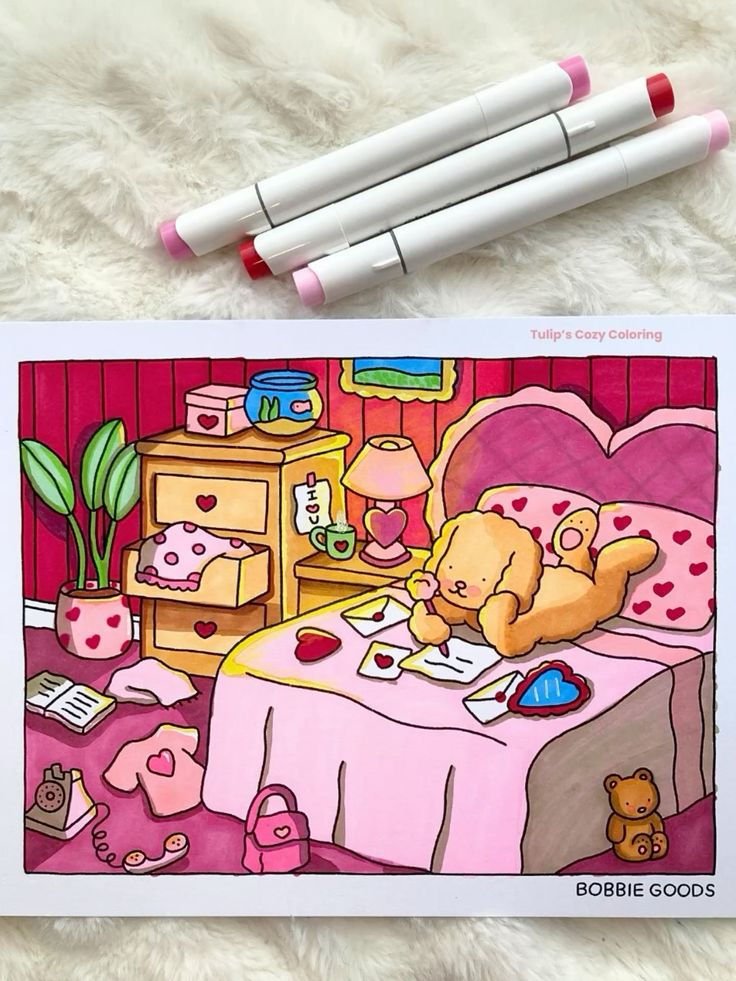 Quarto colorido com ursinho escrevendo, repleto de objetos decorativos e tons de rosa. Marcadores ao lado. Atividade ligada a hobbies.
