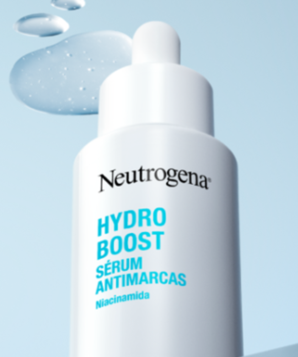Sérum Neutrogena da linha Hydro Boost Antimarcas com niacinamida em fundo azul.