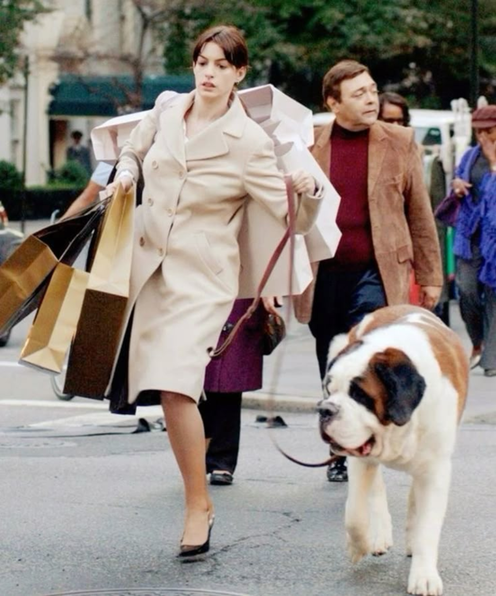 Mulher elegante com sacolas e cachorro grande, parece apressada na rua. Pode ser jornalista.