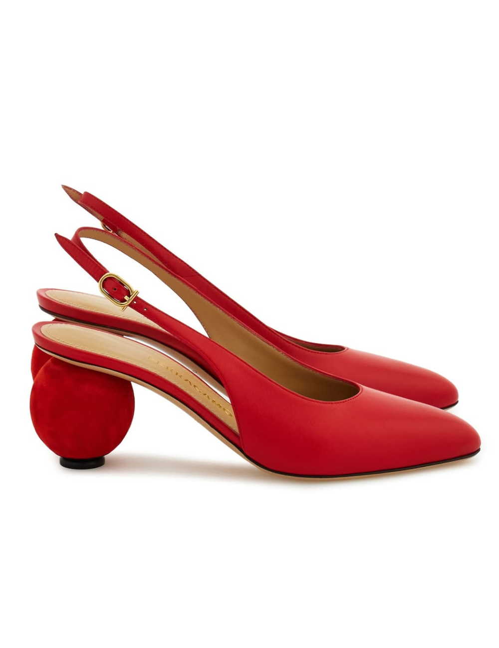 Sapato vermelho com salto esférico em formato de esfera, estilo slingback, material de couro liso.