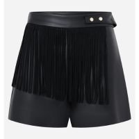Short Western Cintura Alta em PU com Franjas Preto