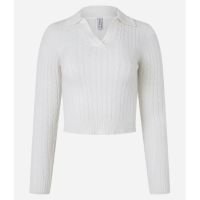 Blusa em Tricô com Textura Trançada e Gola Polo Branco
