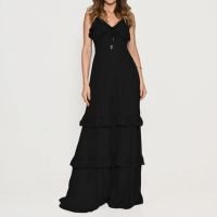 Vestido Bisô Longo Crepe Babados reto - P - Preto