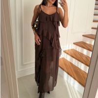 Vesido longo Cristina com alcinha e babado boho elegante chiffon