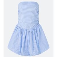 Vestido Balonê em Tricoline Listrado com Saia Franzida Azul