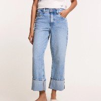 Calça Reta em Jeans com Barra Ampla Dobrada Azul