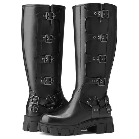 Botas de cano alto SUEDI Buckle Biker Riding Round Toe Femininas