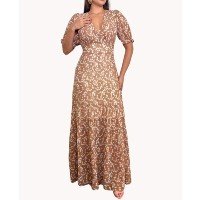 VESTIDO LONGO FLORAL - Marrom